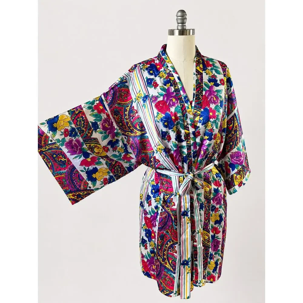 Secret Treasures Satin Robe Nightgown Set M L Floral Paisley Kimono Lingerie